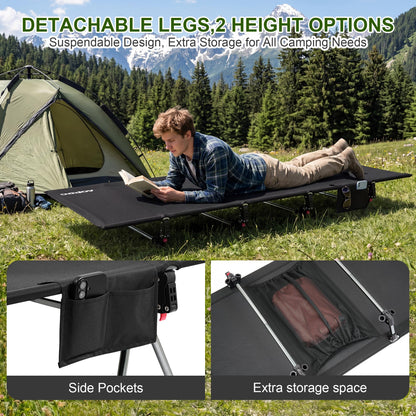 AOPEC 87" Camping Cot, Heavy Duty 400lbs Capacity, Adjustable Height with Leg Extenders, Lightweight Aluminum Frame Portable Folding Bed for Camping,Travel, Beach, Office Nap