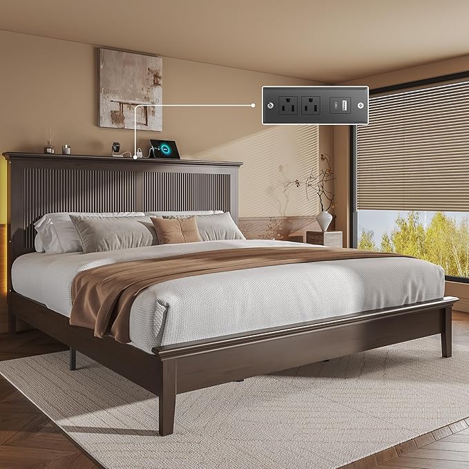Lifezone King Bed Frame with Headboard, Solid Wood Bed Frame King Size with