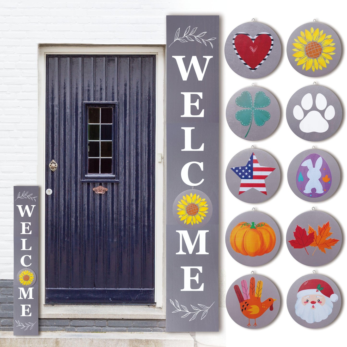 Perfnique Interchangeable Welcome sign for front porch standing, 47 x 7.9 Inch Black Wooden Leaner Sign with 10 Interchangeable Designed Icons, Morden Farmhouse Rustic Seasonal Decor for Spring Easter