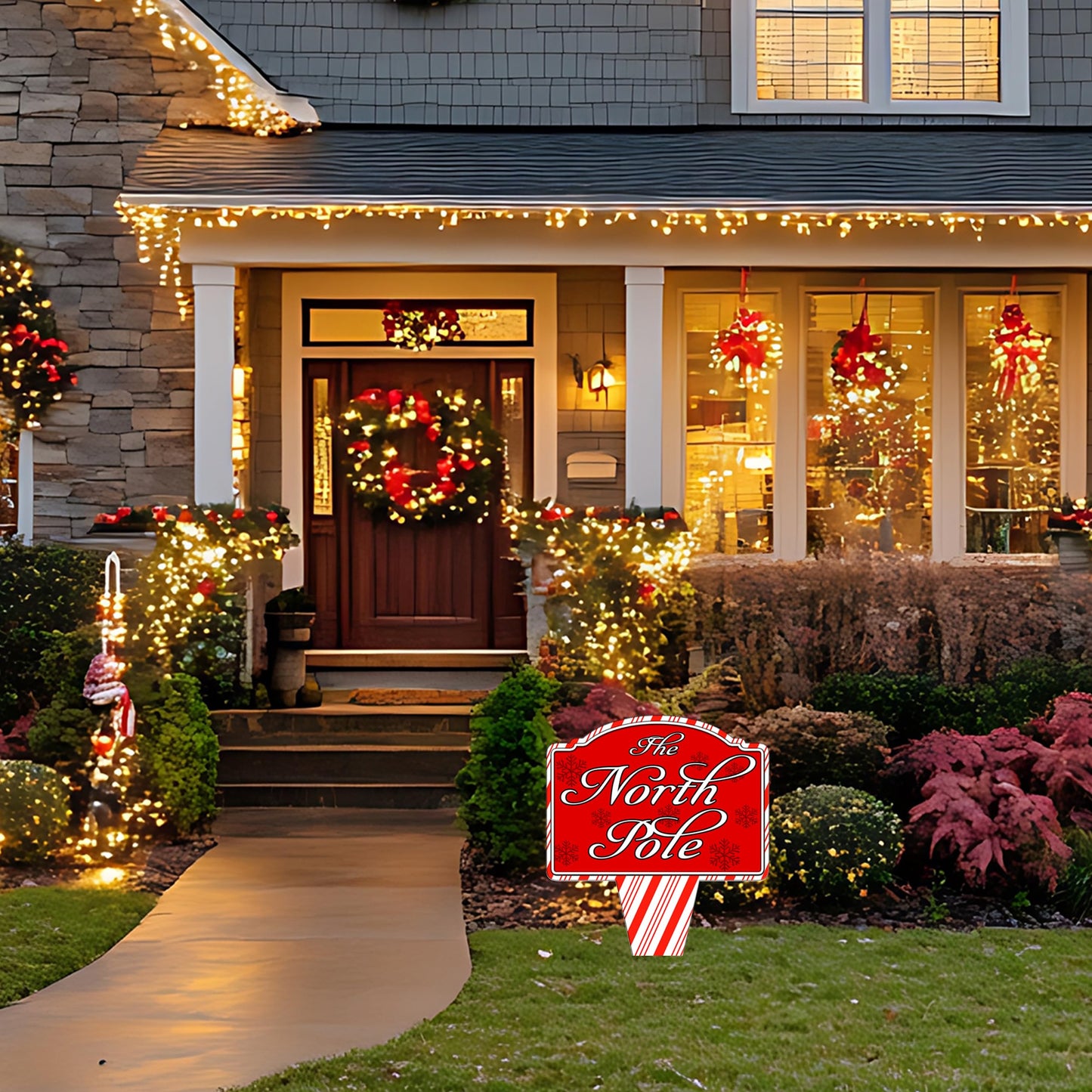 North Pole Santa Home Candy Cane Christmas Holiday Yard Sign For Lawn Grass Home or Business Front Door Durable Metal Built In Stake St. Nicholas Claus Xmas