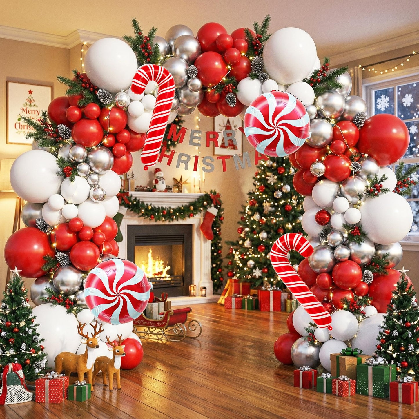 PartyXpress 135PCS Christmas Balloon Arch Garland Kit with Red White Silver Cane Candy Balloons for Xmas Party Backdrop, Holiday Birthday Decorations, Winter Garland Indoor, Snow Theme Baby Shower
