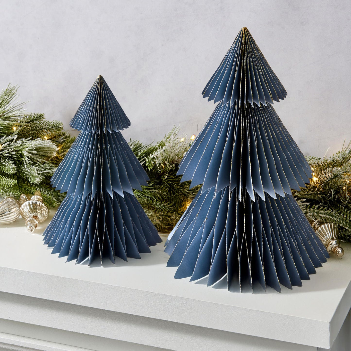 LampLust Paper Christmas Tree Decor, 2 Pack Dusty Blue Honeycomb Paper Trees, 10" & 12", Blue Decor, Winter Wonderland Decorations, Winter Table Centerpieces, Winter Decorations, Mini Ornaments