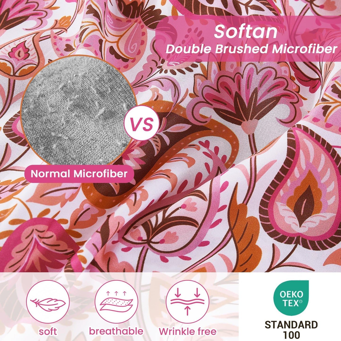 Softan Pink Paisley Floral Twin Sheet Set, 3-Piece Cozy Boho Microfiber Printed Fitted Bed Sheet with 15" Deep Pockets & Non-Slip Straps, Kids Girls Patterned Sheets & Pillowcase Set