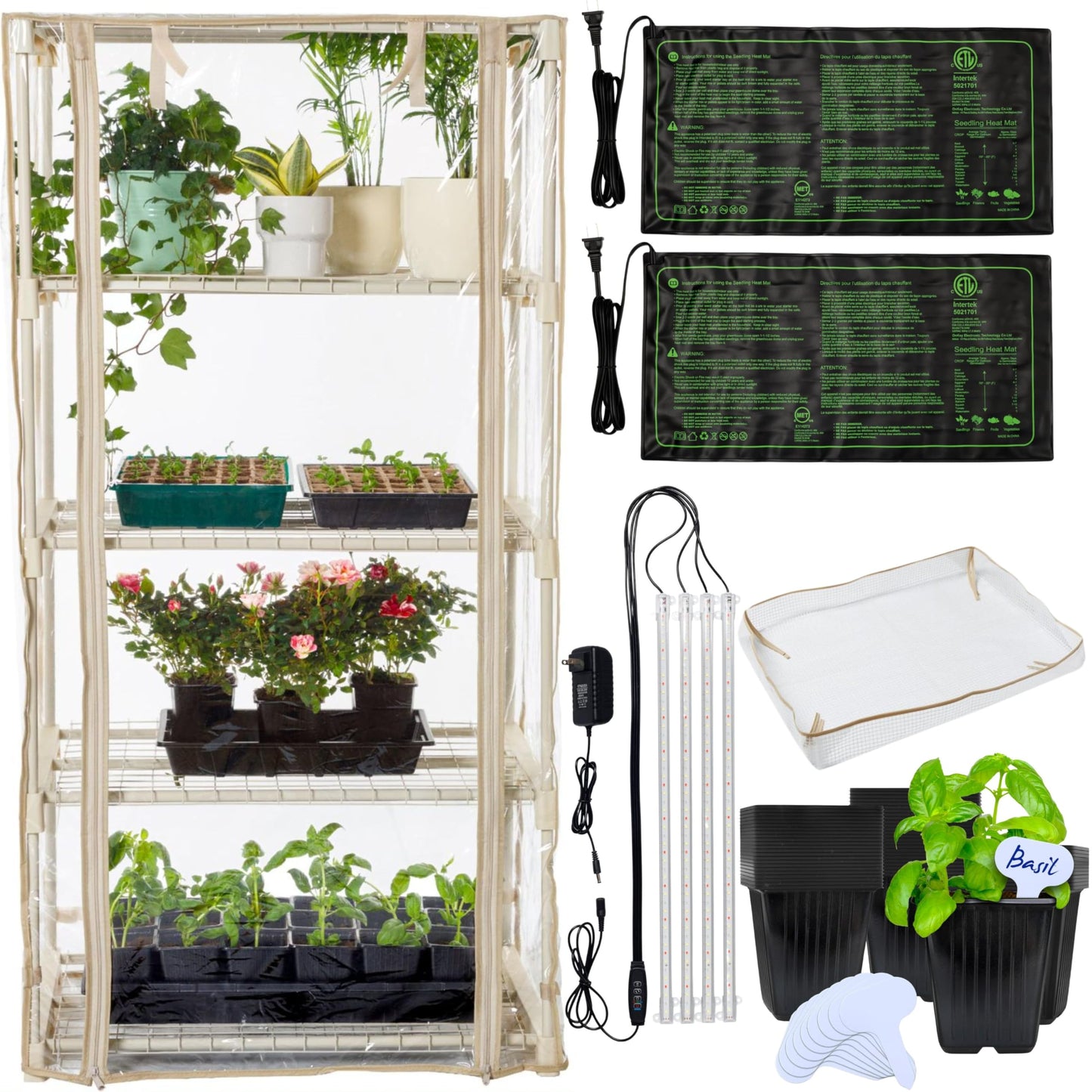 Carpathen Indoor Greenhouse with Grow Lights and 60 Nursery Pots Pack - 4 Tiers 27.2" L x 19.3" W x 54" H with 2 Dimmable 15W Full Spectrum LED Light Strips and Spectrum Control and Heat Mat