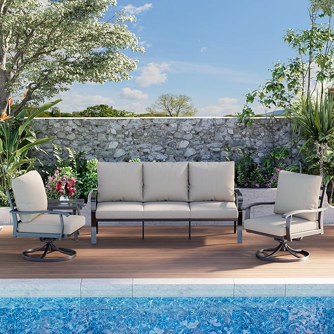 HOMREST Patio Furniture Sets 4 PCS Outdoor Metal Conversation Sets, 360 Degree