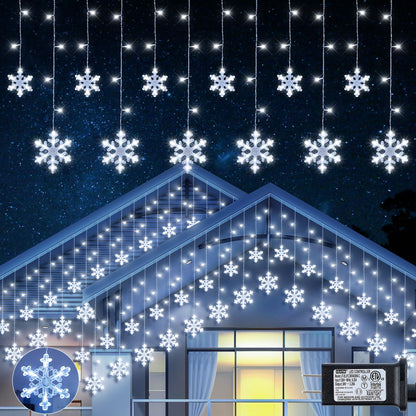 Qunlight Christmas Snowflake Icicle Lights,6.5ft 144LED Curtain Lights Outdoor with 12 Drops, 8 Modes Waterproof Connectable Fairy Light for Eaves, Garden, Yard, Indoor Outdoor Xmas Decor (White)