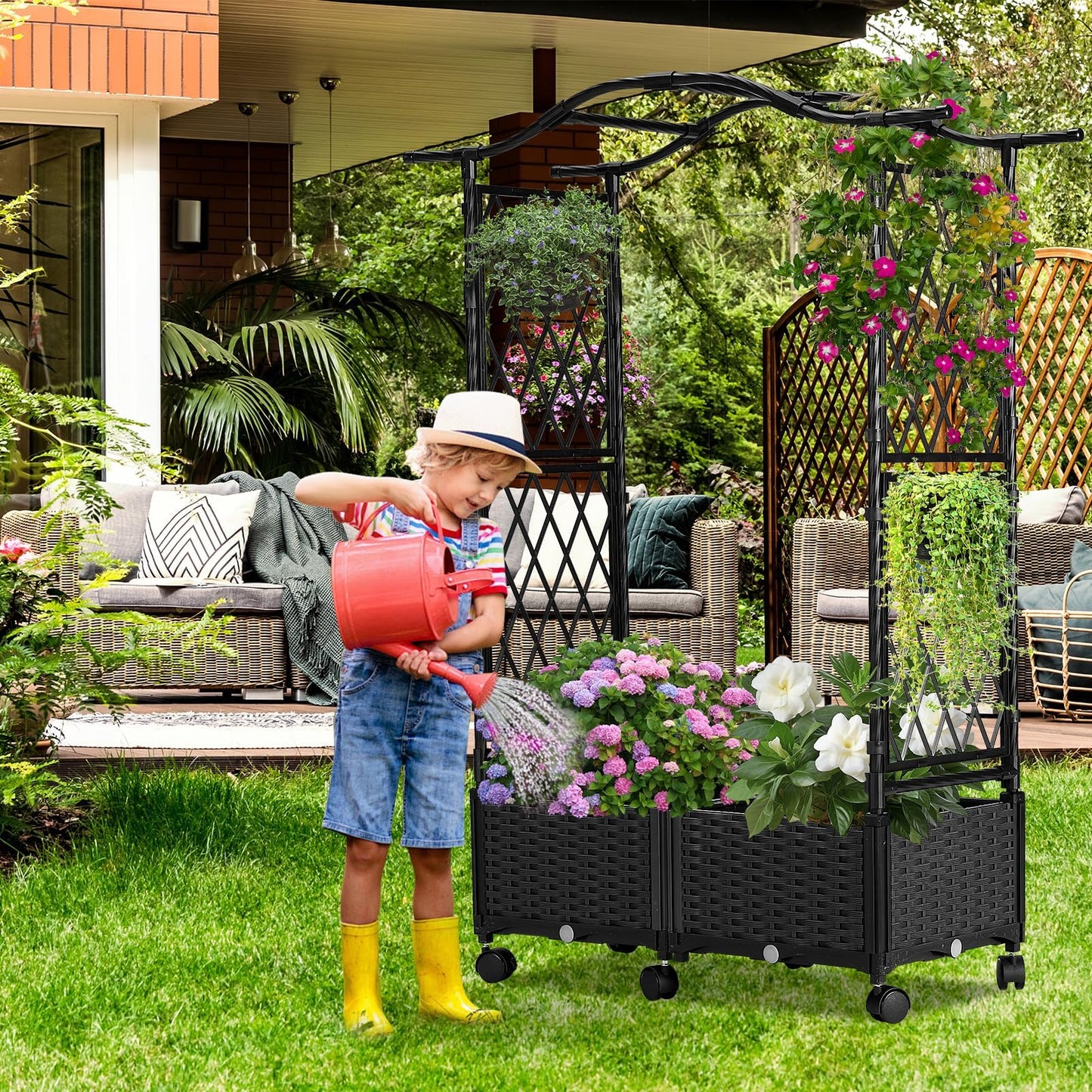 yotoworth Planter Box with Trellis Outdoor, Plastic Raised Garden Bed Trellis Planter Box with Wheels and Drainage Hole for Patio Balcony Backyard Indoor Flower Vegetable Tomato, Black