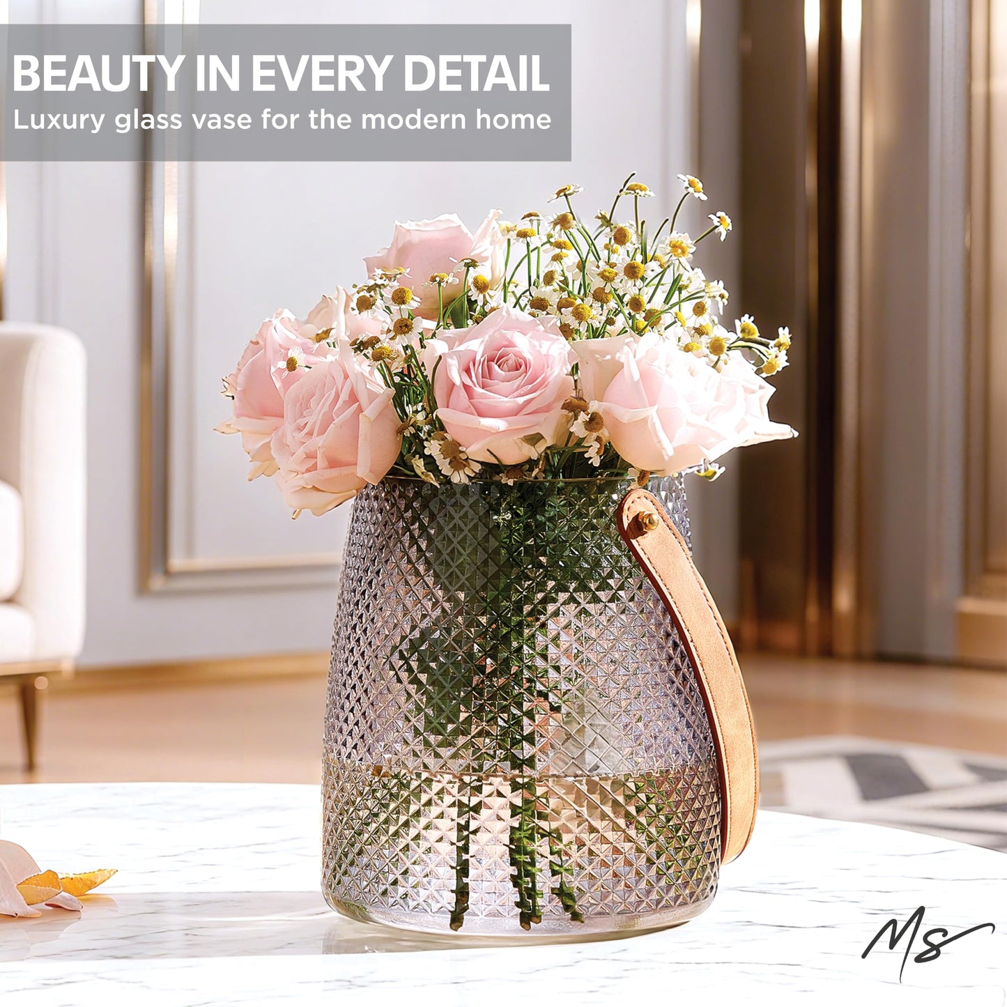 Nordic Handcrafted Crystal Glass Flower Vase with Vegan Leather Handle – Smoke Gray Diamond Textured – Modern Decorative Centerpiece for Dining Table, Coffee Table & Luxury Home Decor