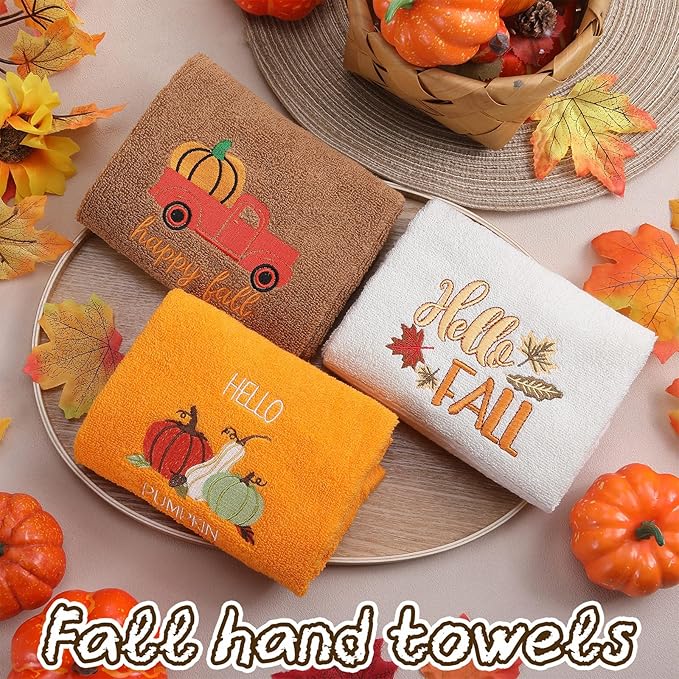 3 Pcs Fall Pumpkin Hand Towels for Bathroom Embroidered Bathroom Towels
