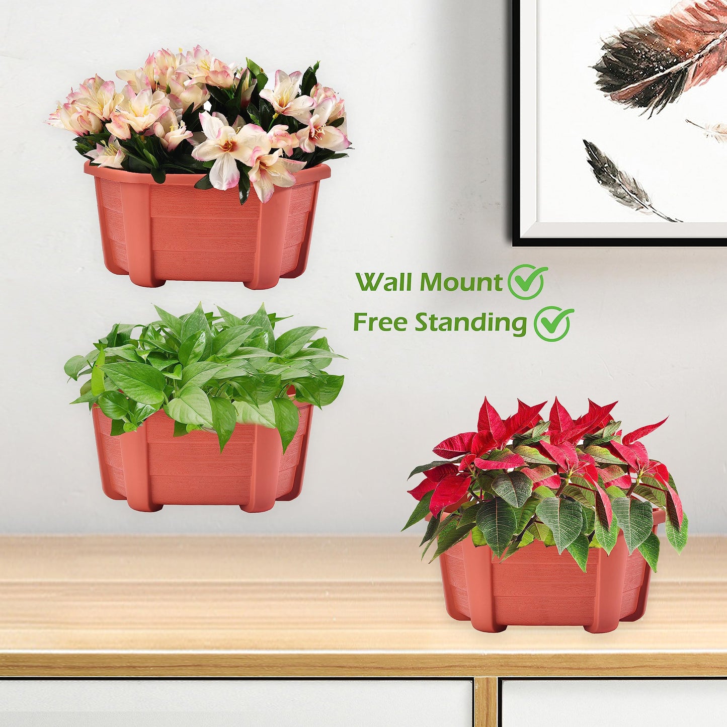 ORIMERC 9.8 inch 8 Pack Brick Red Wall Hanging Planters for Indoor Outdoor Plants Hanging Plant Holder with Drainage Hole Fence Balcony Planters Railing Hanging Pot Plant Wall Mount Decor with Hooks