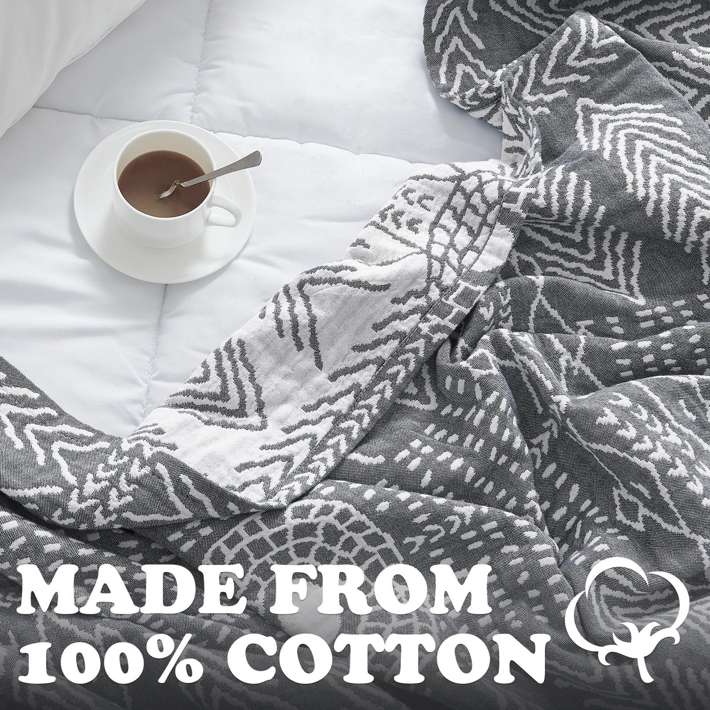 JINCHAN Boho 100% Cotton Muslin Blanket 3-Layer Twin Size Geometric Lightweight Reversible Soft Cozy Throw for Couch Sofa Bed All Season Coverlet Ideal Gift Bedroom Living Room Decor Grey 60x80 Inches