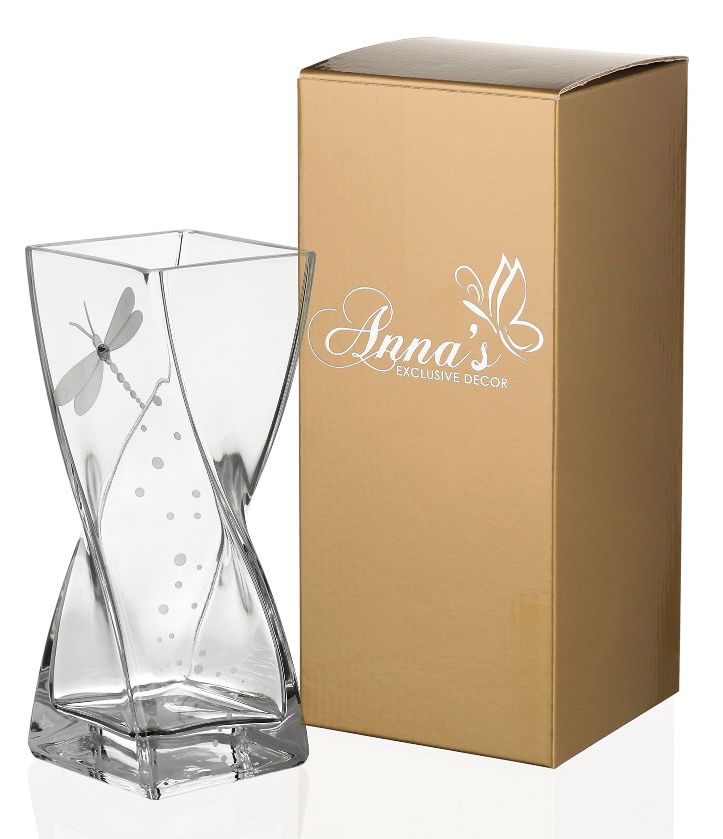 Dragonfly Vase - Handmade Glass Vase Decorated with Premium Crystal and Etched Dragonfly – Gift Boxed - Clear Mouth Blown Centerpiece, 7.9 in (20 cm)