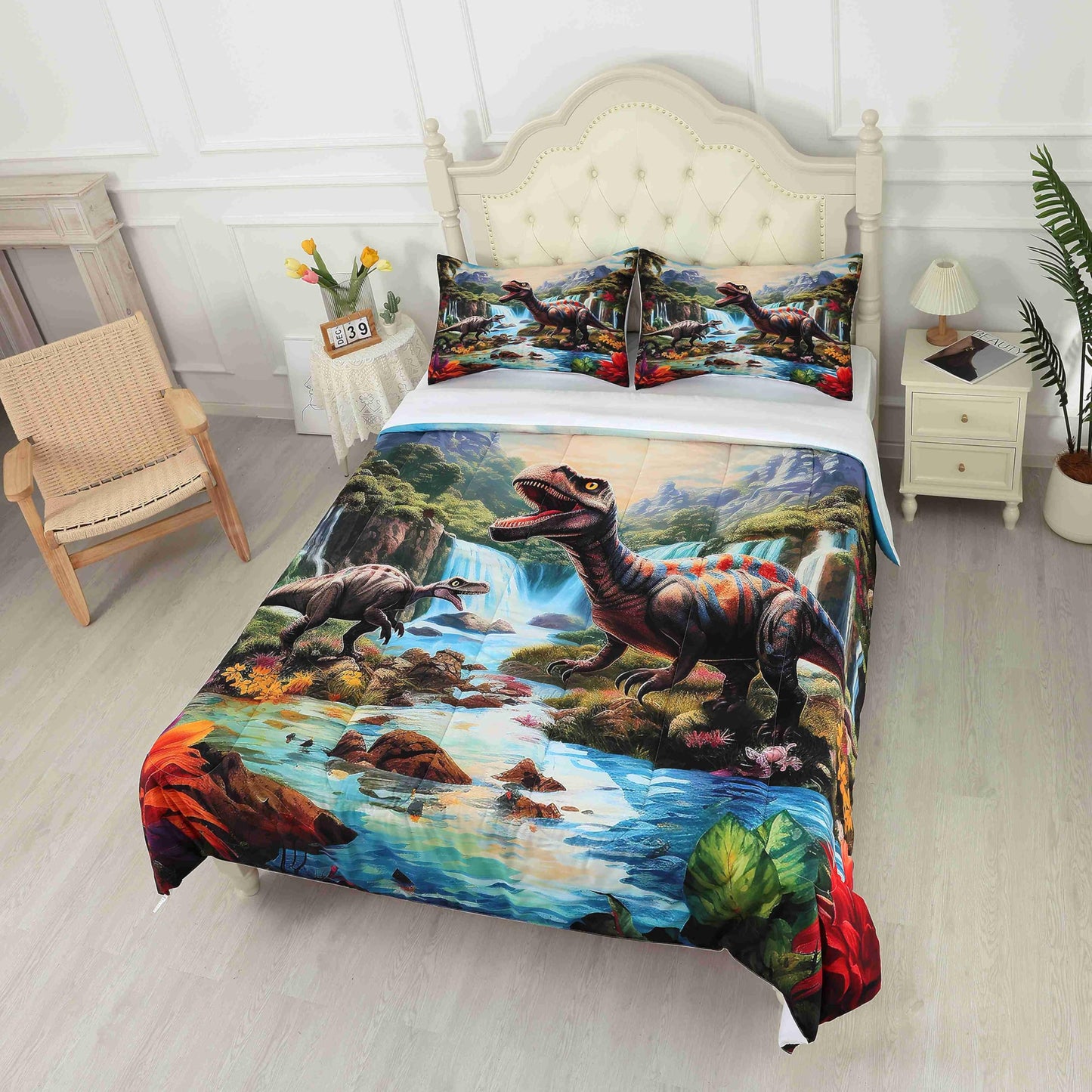 VTKON Kids Comforter Set Full Super Soft and Fluffy Microfiber Boys Kids Dinosaur Bedding Set Easy Care Cute Dinosaur Quilt Set with 1 Comforter and 2 Pillowcases