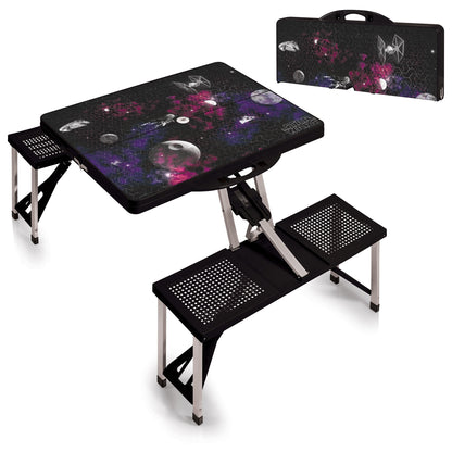 PICNIC TIME Star Wars Death Star Folding Picnic Table with Seats, Collapsible Aluminum Table and Bench Set with Umbrella Hole, Lightweight Portable Table for Camping, Travel, Tailgating, (Black)