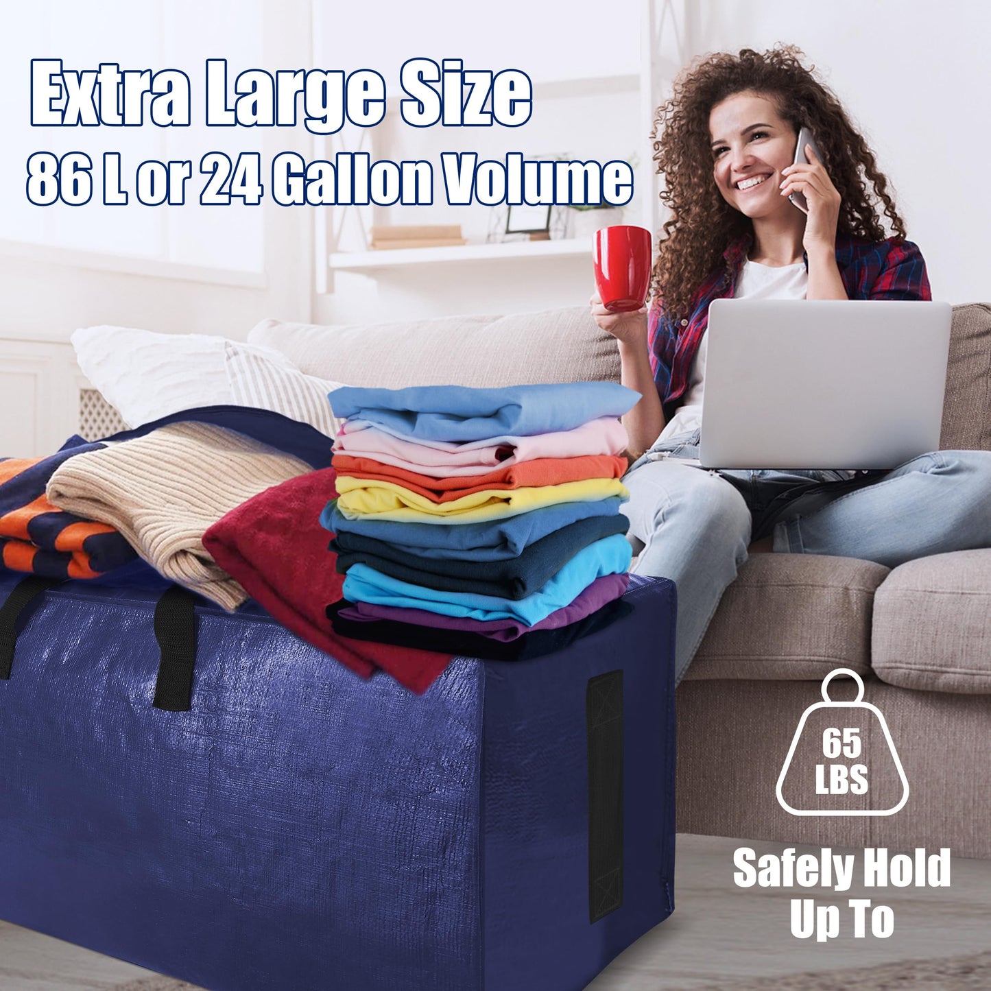 SWEET DOLPHIN 6 Pack Extra Large Moving Bags with Strong Zippers & Carrying Handles, Heavy Duty Storage Tote for Space Saving Moving Storage, Fold Flat, Alternative to Moving Box (Navy Blue)