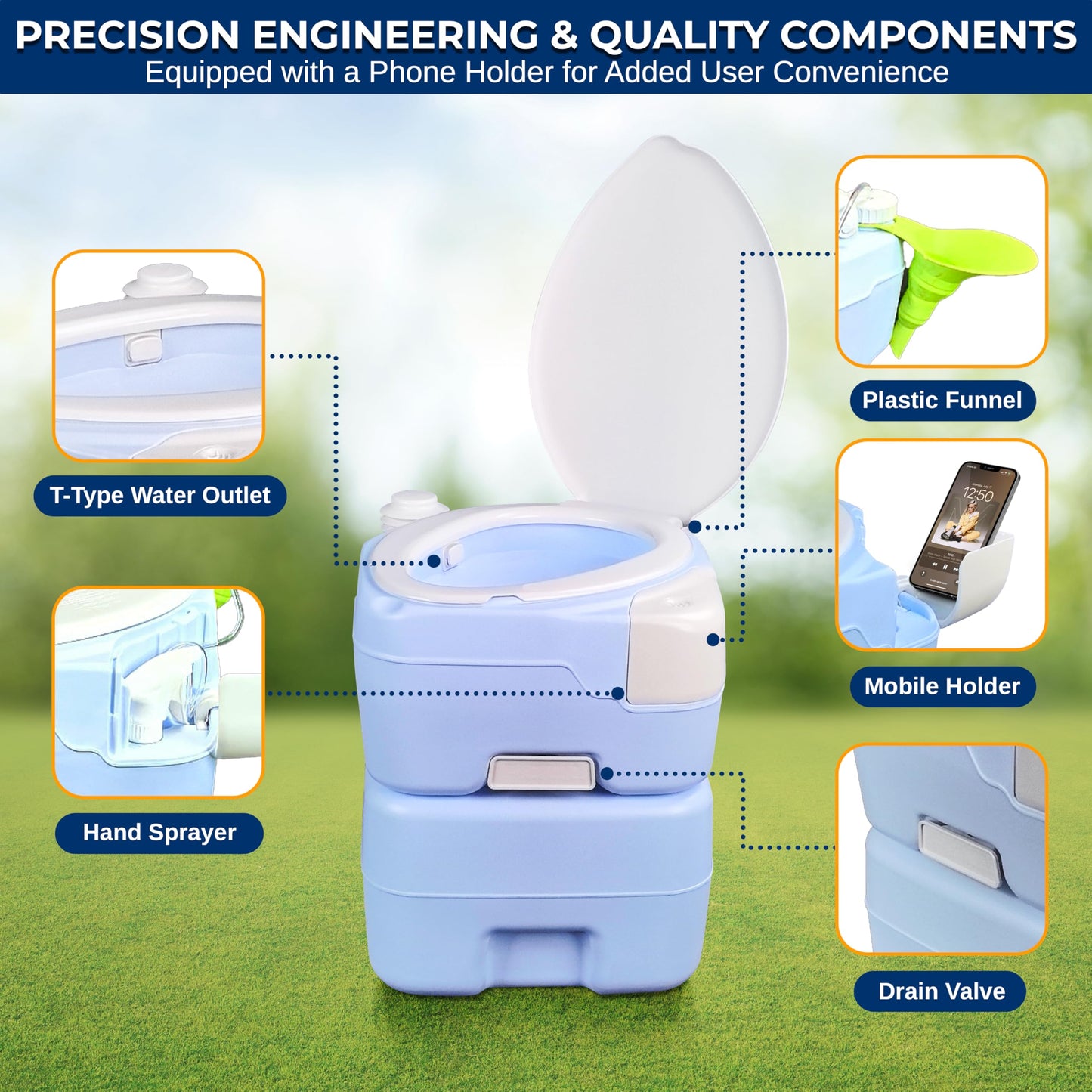 SereneLife 5.3 Gal Portable Camping Toilet For Adults, 100+ Flushes Porta Potty Camp Toilet with Phone Holder, Hand Sprayer, Extra Large Seat, Detachable Waste Tank, For Camping, Hiking, and Boating
