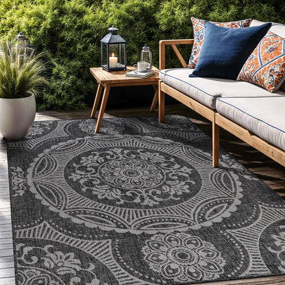 Luul Home Medallion Outdoor Rug 9x12 Washable Outside Carpet for Indoor Patio Porch Waterproof Easy Cleaning Non Shedding Area Rugs Dark Gray 9 x 12