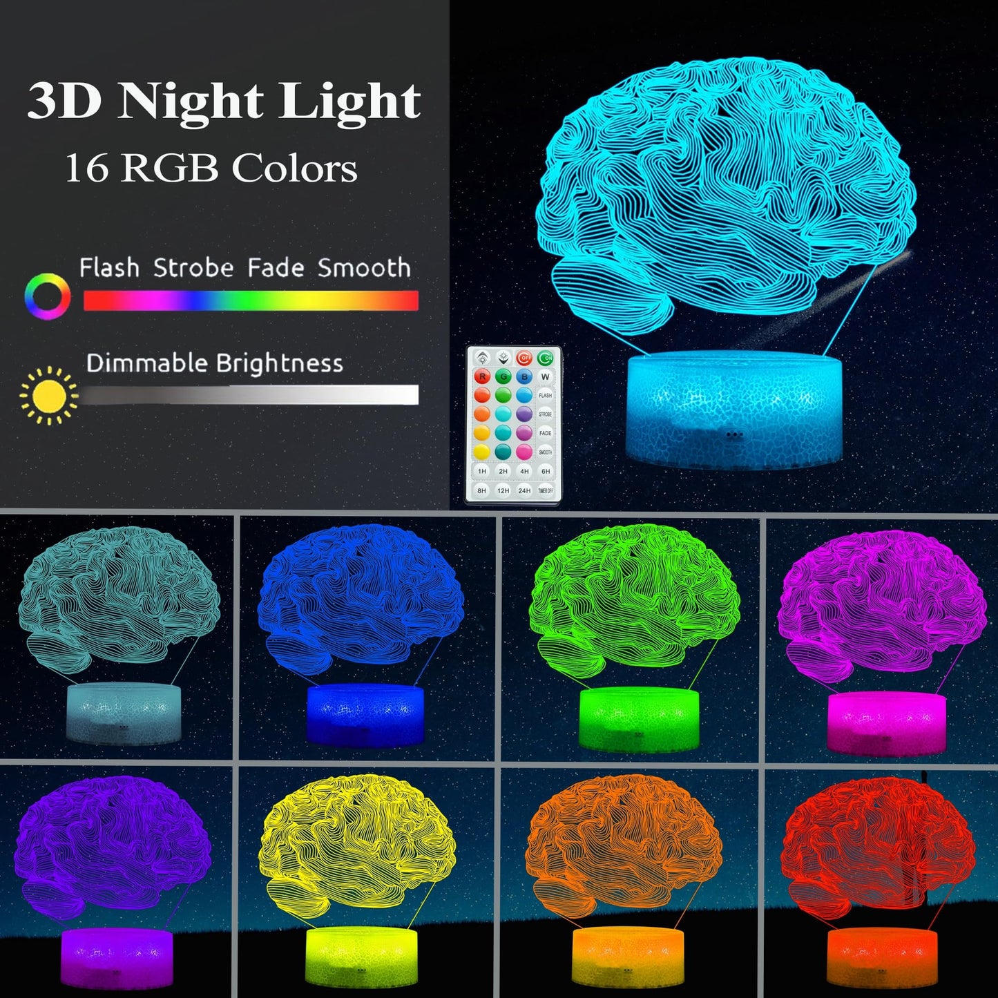 POSSHE Neurology Gifts, 3D Brain Illusion Lamp, Night Light with16 Colors Changing, Remote Control, Timer, Dimmable, Kids Room Decoration, Xmas Brain Model Gifts