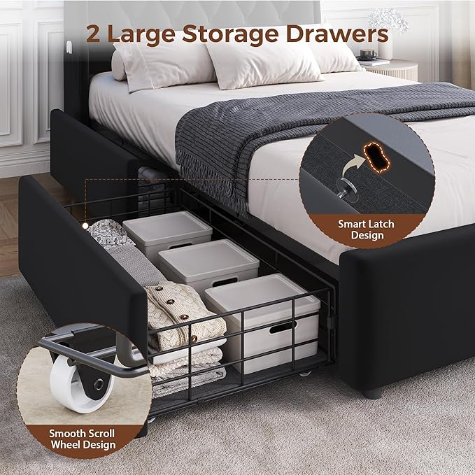Twin LED Velvet Bed Frame with 2 Storage Drawers&Hidden Headboard, Upholstered