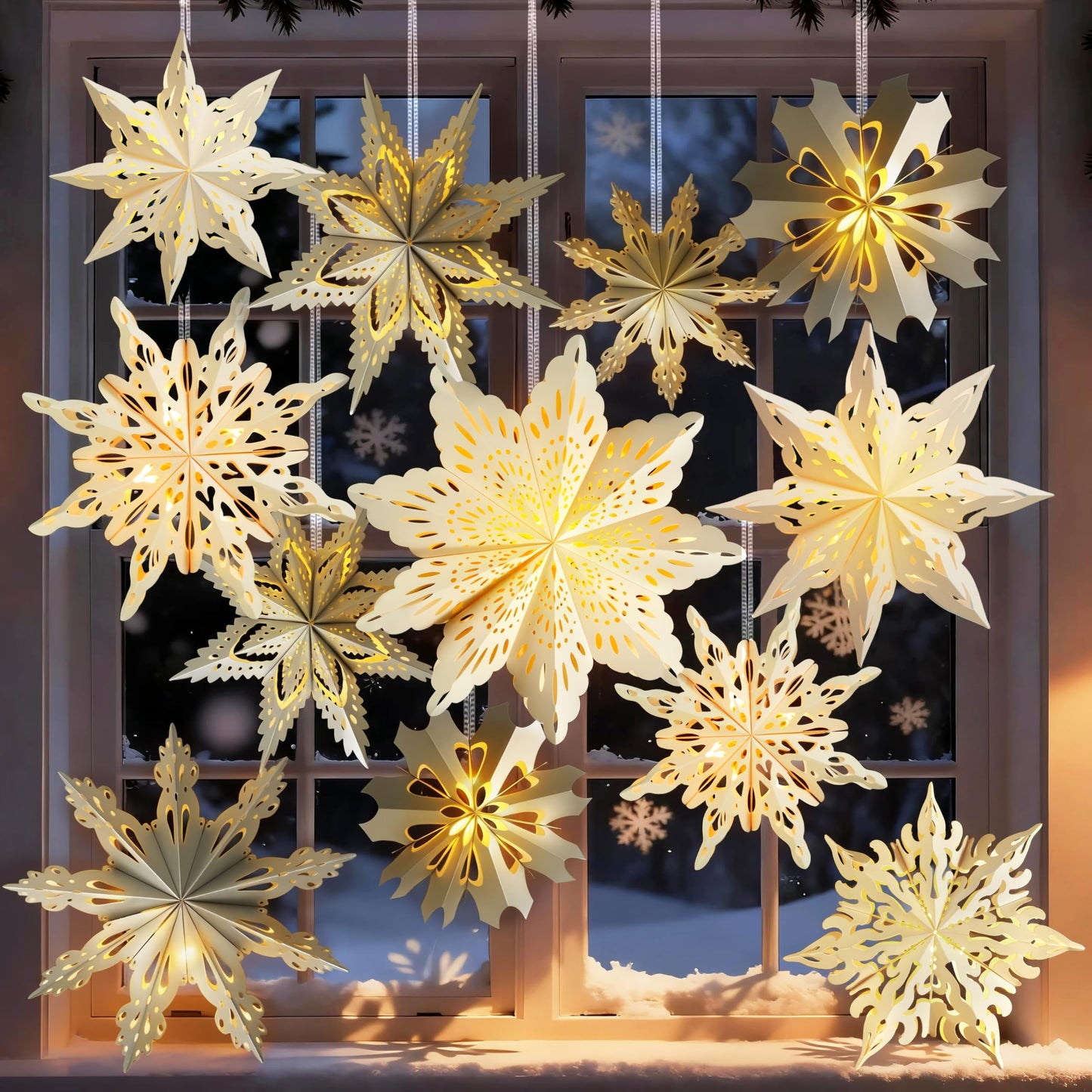 12 Pcs Christmas Paper Snowflake Lanterns, 3D Christmas Paper Star Lanterns with LED Lights, 10/12 Inch White Silver Hanging Snowflake Lamps for Xmas Winter Frozen Weddings New Year Party Decorations