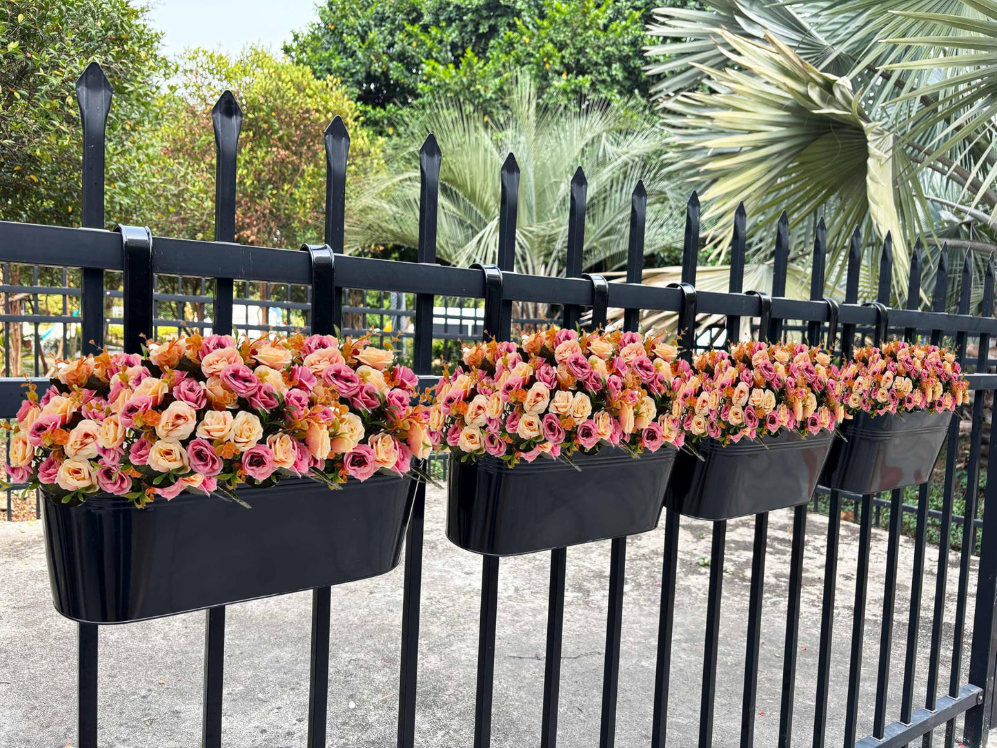 Joyfernal Hanging Planters for Outdoor Plants, 17" Railing Planter Pots, Metal Fence Flower Pot for Porch Balcony with Detachable Hookt (Black, Pack of 8)