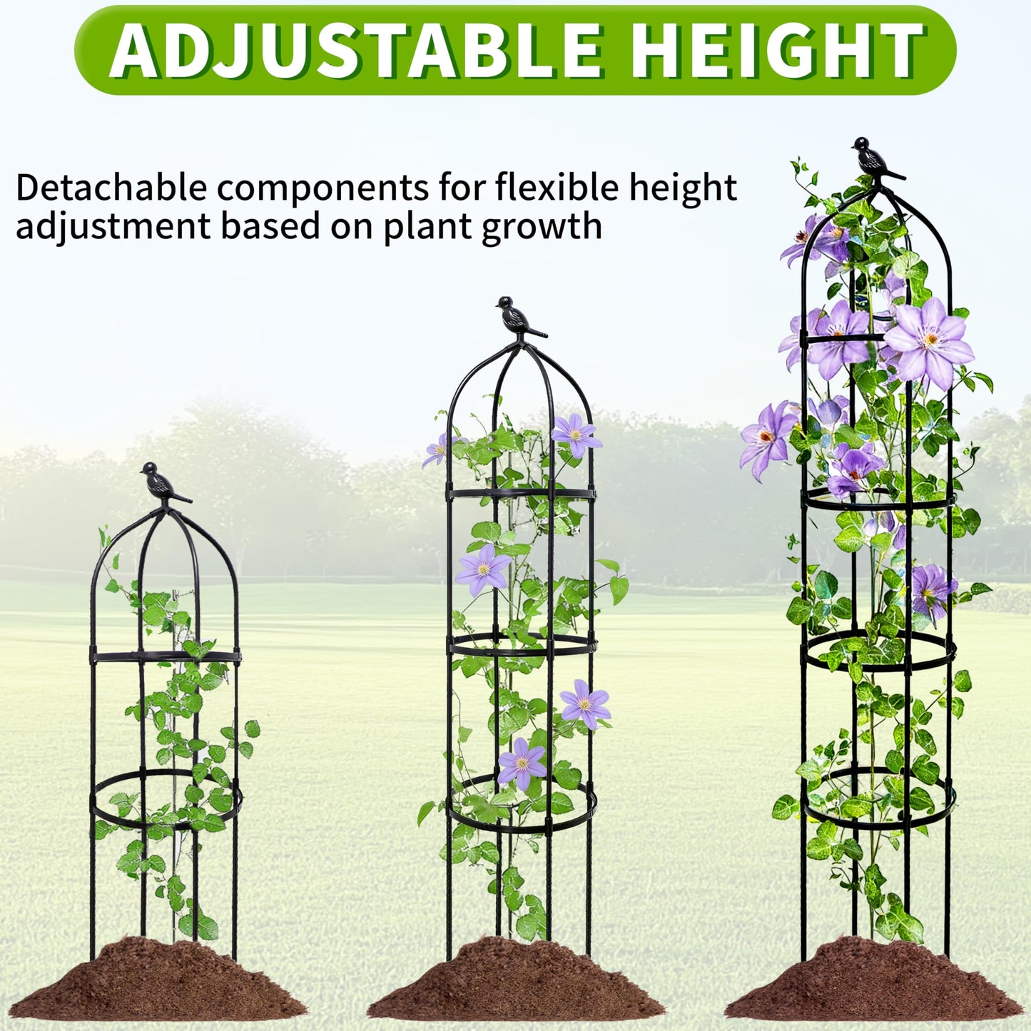 6FT Garden Obelisk Trellis for Climbing Plants,Adjustable 4-Tier Metal Plant Support,Rustproof Outdoor Plant Tower with 3 Decorative Tops for Roses,Tomatoes,Clematis & Vines,Black