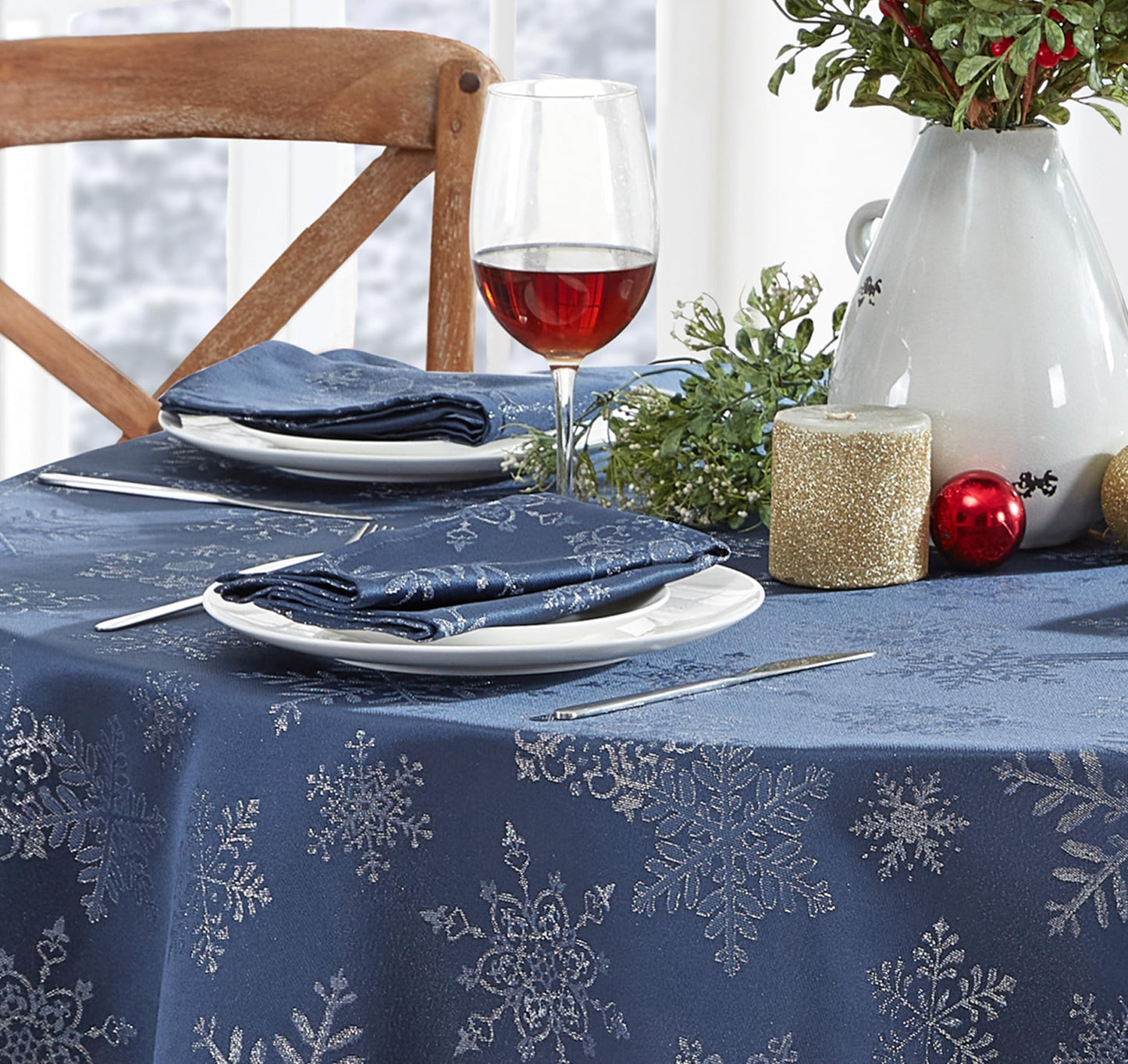 Newbridge Fancy Metallic Snowflake Christmas Fabric Tablecloth, 60 x 84 Inch Rectangle, Navy Silver, No-Iron Soil Resistant Sparkling Snowflakes Woven Holiday Table Cover