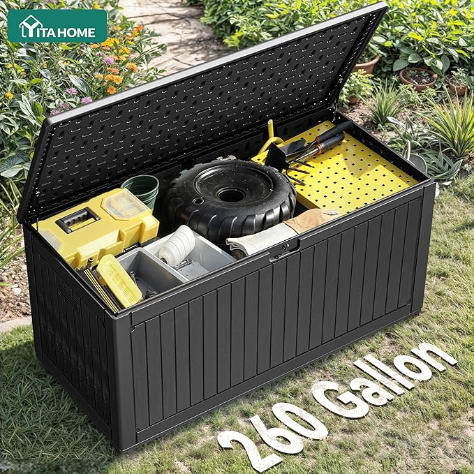 YITAHOME 260 Gallon Large Deck Box with Divider & Side Handles, Outdoor Double-Wall Storage for Patio Furniture Cushions, Garden Pool Accessories, Water Resistant & Lockable