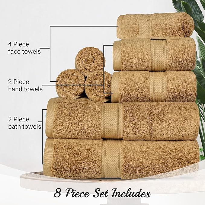 SUPERIOR Egyptian Cotton Pile 8 Piece Towel Set, Includes 2 Bath, 2 Hand