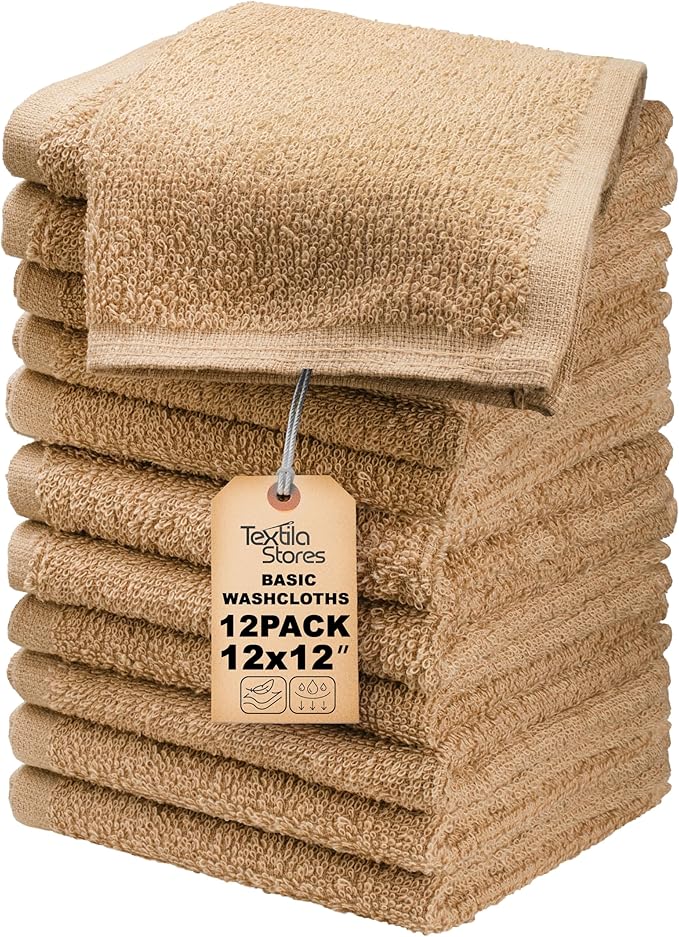Basic Wash Cloths 12x12 Inches – Pack of 12 – Beige Color – Soft and Absorbent