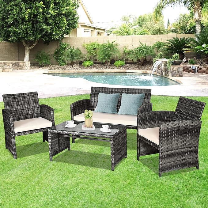 Goplus 4-Piece Rattan Patio Furniture Set, Outdoor Wicker Conversation Sofa