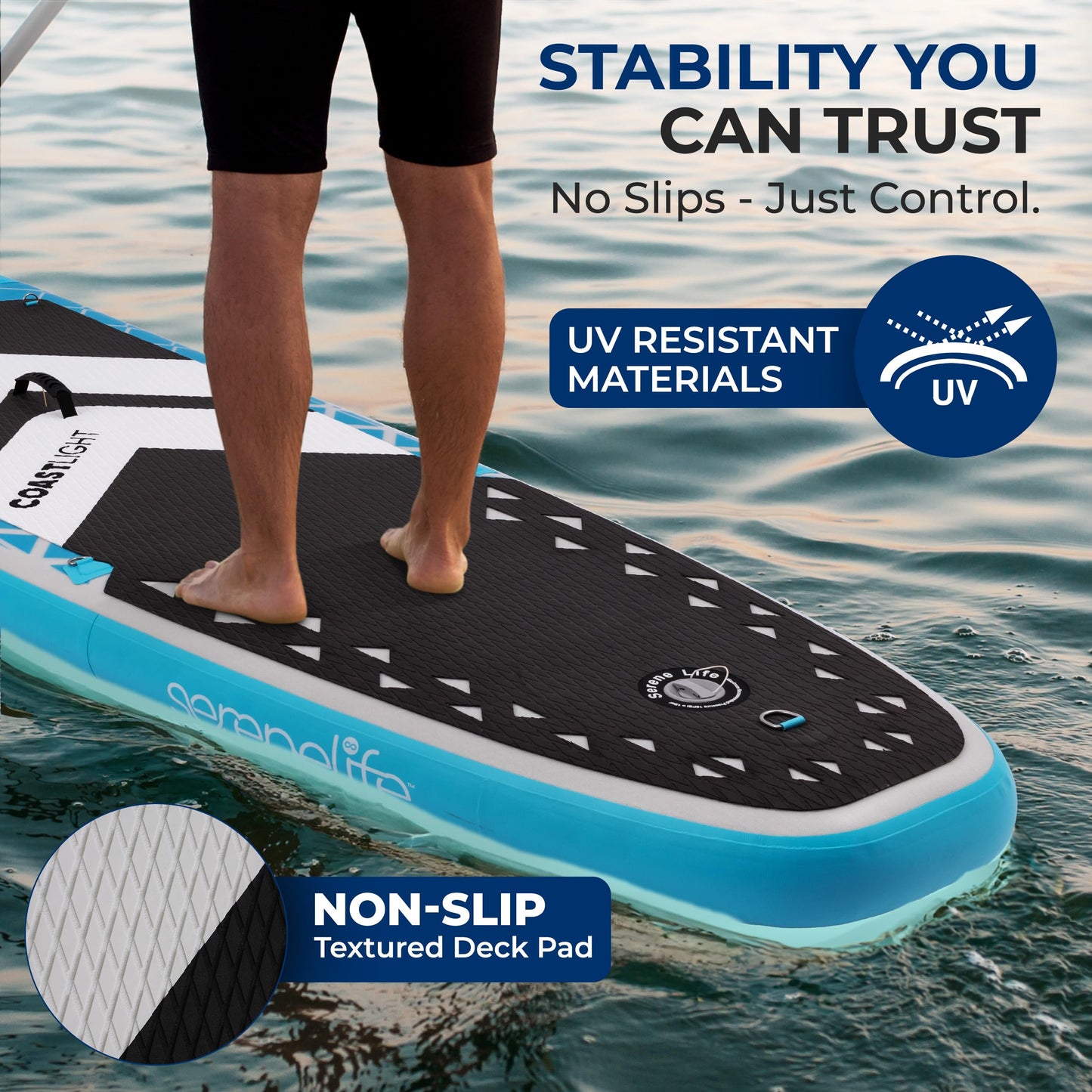 SereneLife 10’6” Inflatable Stand-Up Paddle Board with LED Lights - 32” Wide Stable Design with Non-Slip EVA Deck Pad, Includes Premium SUP Accessories, for Youth and Adults, 275 lbs. Capacity