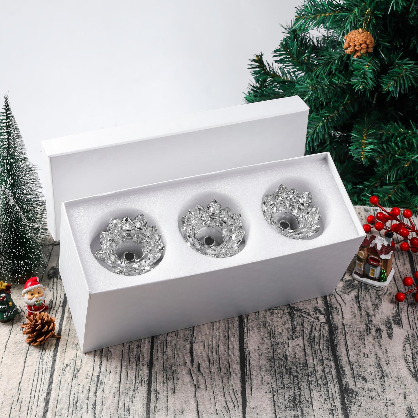Dounx Crystal Candle Holder, 5.6" Tall Silver Centerpieces for Tables, 3-Arm Lotus Candelabra, Home Decor for Wedding, Dining Room, Coffee Table and Living Room (10.5" L, Fits Tealight Candles)