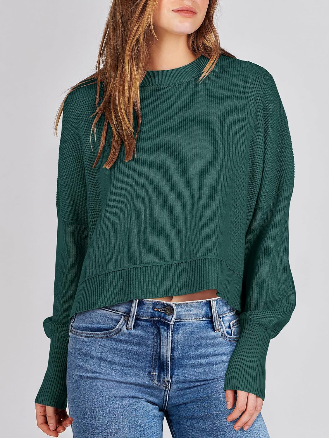 ANRABESS Womens Cropped Sweaters Oversized Crewneck Long Batwing Sleeve Side Slit Ribbed Knit Pullover Tops 2025 Fall Clothes