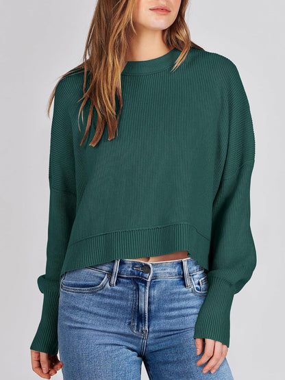 ANRABESS Womens Cropped Sweaters Oversized Crewneck Long Batwing Sleeve Side Slit Ribbed Knit Pullover Tops 2025 Fall Clothes