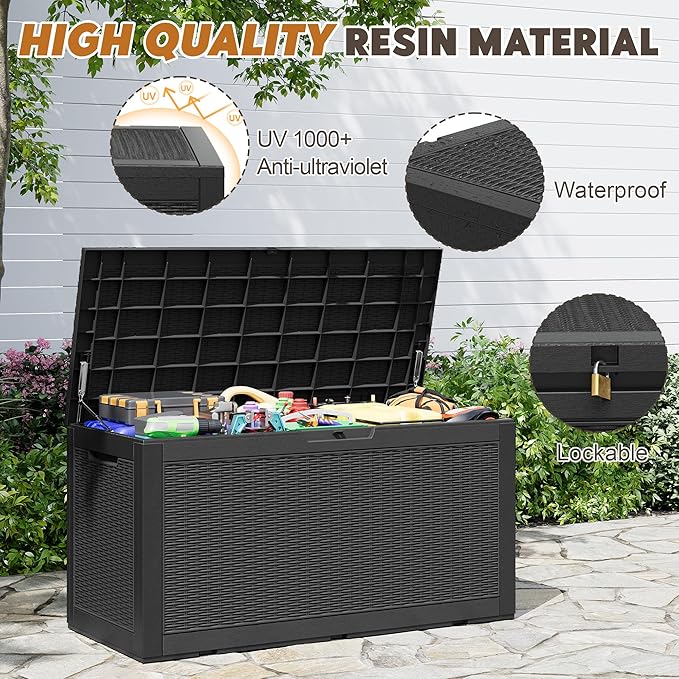 Outdoor Storage Box, Resin Deck Boxes Indoor and outdoor, Waterproof Storage Box Lockable Lid (Black, 101 Gallon)