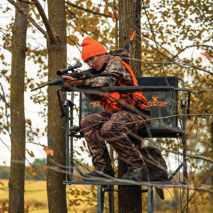 Rivers Edge TwoPlex LS 2-Man Ladder Stand, 17’1” Height, Lockdown Strapping System, Flip-Up TearTuff Mesh Bench Seat, 40” Wide Platform, 2-Way Adjustable Shooting Rail, RE669