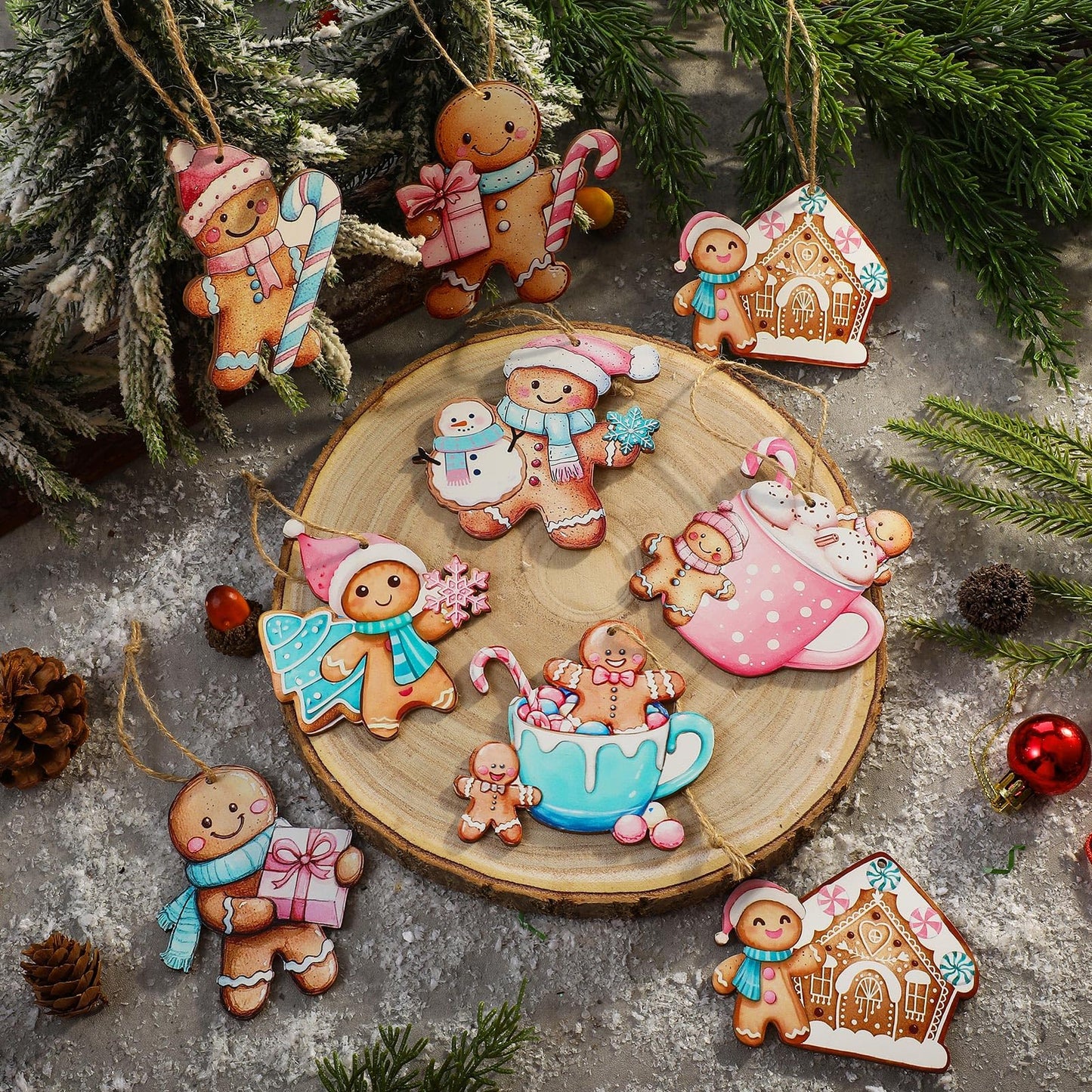 Kathfly 24 Pcs Pastel Pink Gingerbread Christmas Ornaments Wooden Gingerbread Men Cookies with Hemp Rope Cute Christmas Hanging Decorations for Xmas Tree Holiday Party Decor