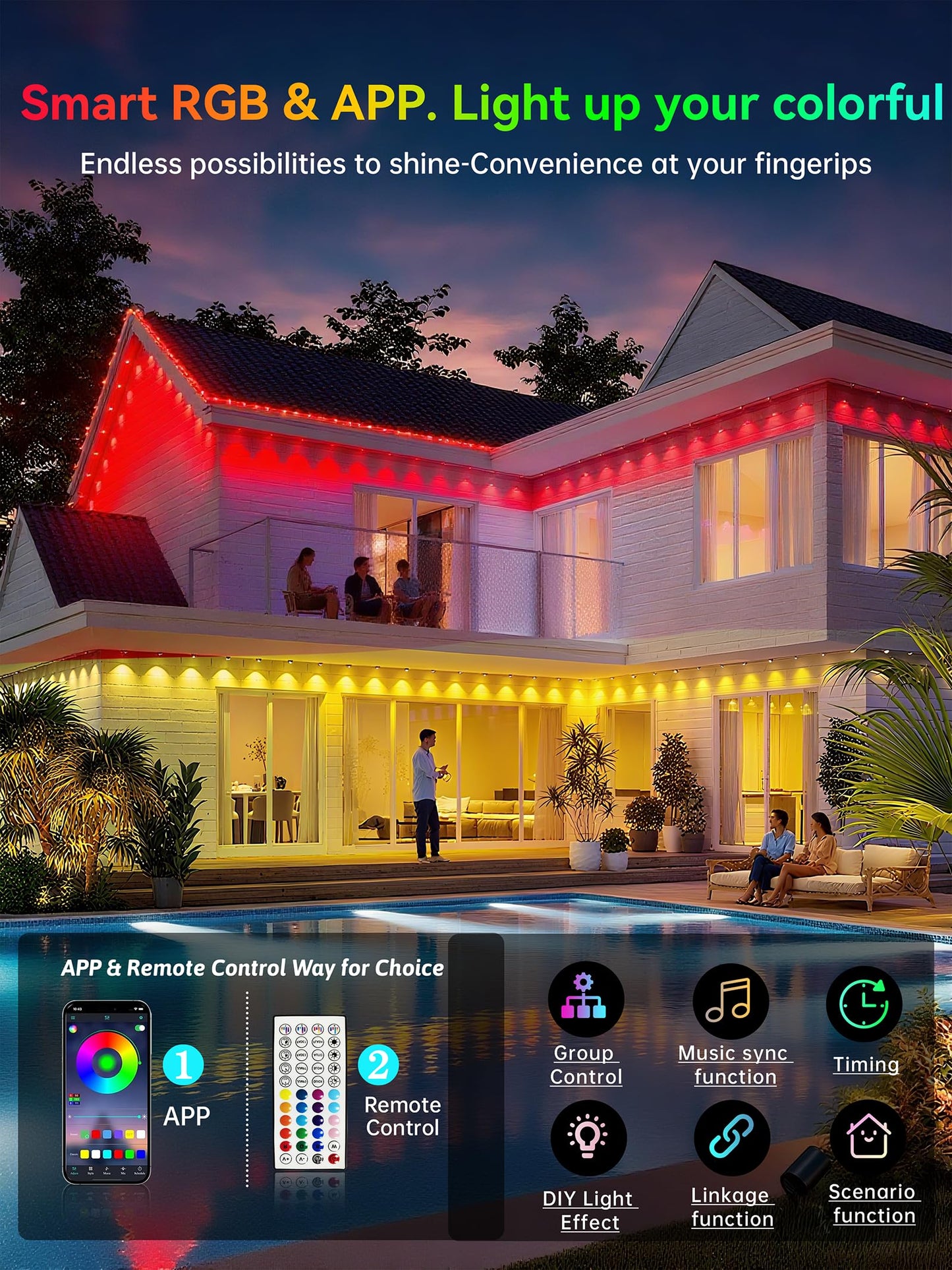 Permanent Outdoor Lights, 250FT RGB IP67 Waterproof Eaves Lighting, Smart LED Outside House Lights with App/Remote Control for Halloween, Christmas Decor, Holiday, Party, Daily, All Year-Round