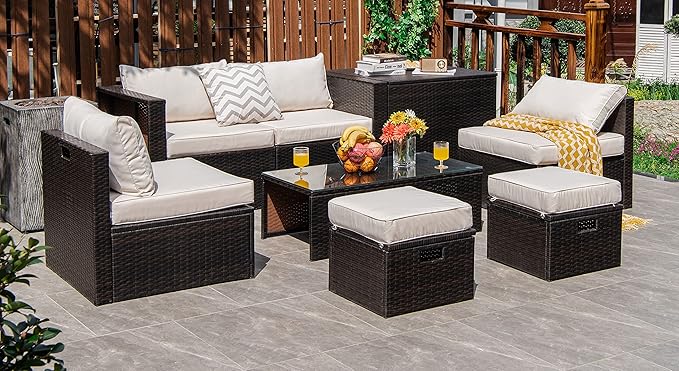 Tangkula 8 Piece Patio Furniture Set, Patiojoy Outdoor Space Saving PE Rattan
