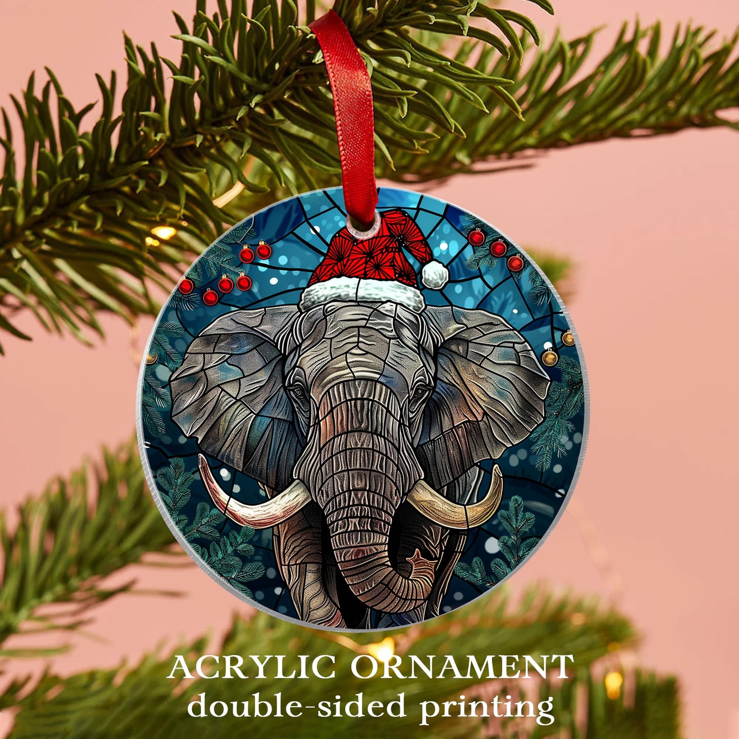 Fastpeace Elephant with Santa Hat Christmas Ornament - Stained Glass Style - Perfect Hanging Decoration for Tree - Gift for Family, Friends (Acrylic)