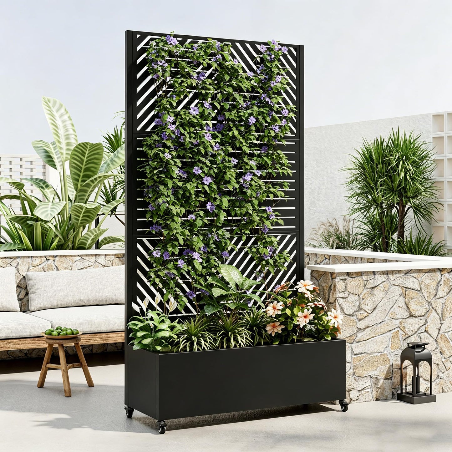 73.21" H×35.43”W Metal Planter Box with Trellis & Wheels, Outdoor Privacy Planters for Patio, Mobile Raised Garden Bed with Trellis for Climbing Plants, Balcony & Backyard (Black 3)