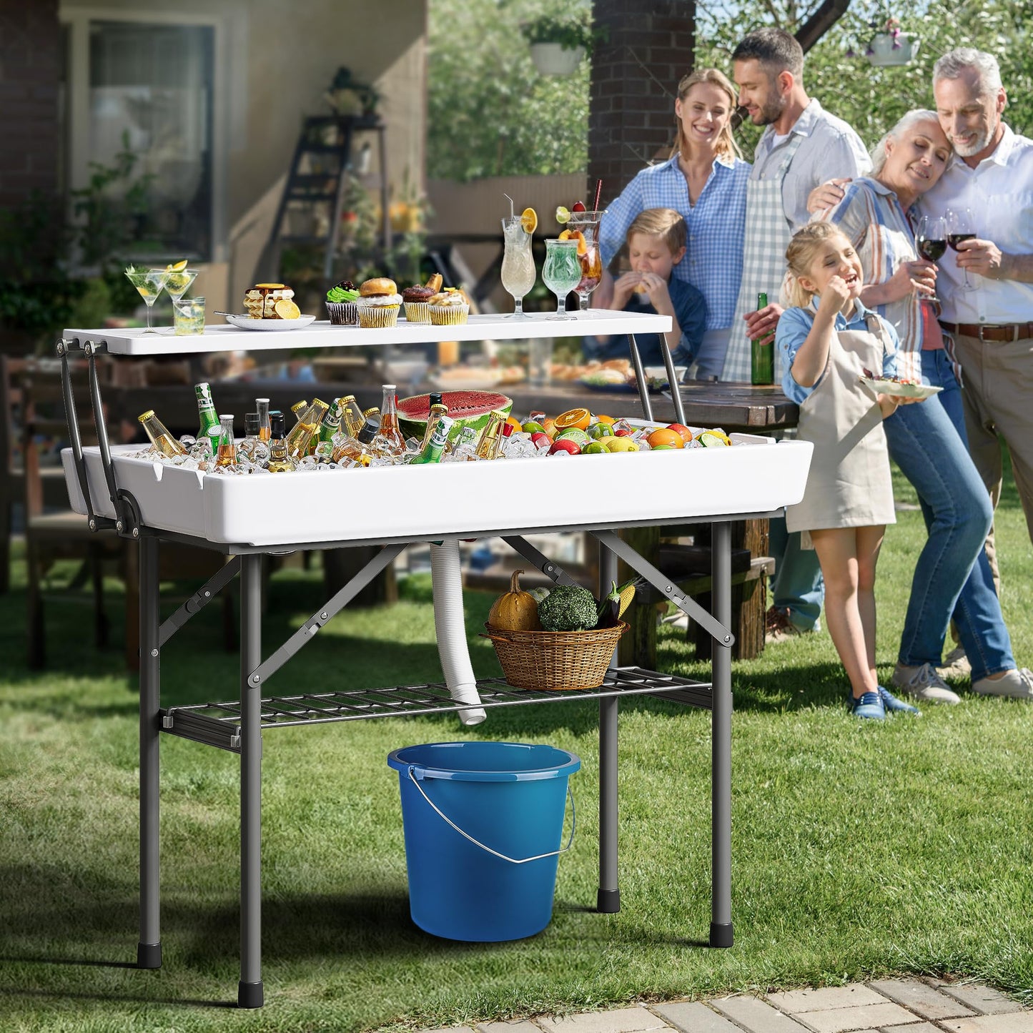 YITAHOME Two-Tier Ice Table, 4FT Folding Ice Cooler Table with Drain and Detachable Skirt, Portable Ice Table for Parties, Picnics, Camping, Weddings, BBQs