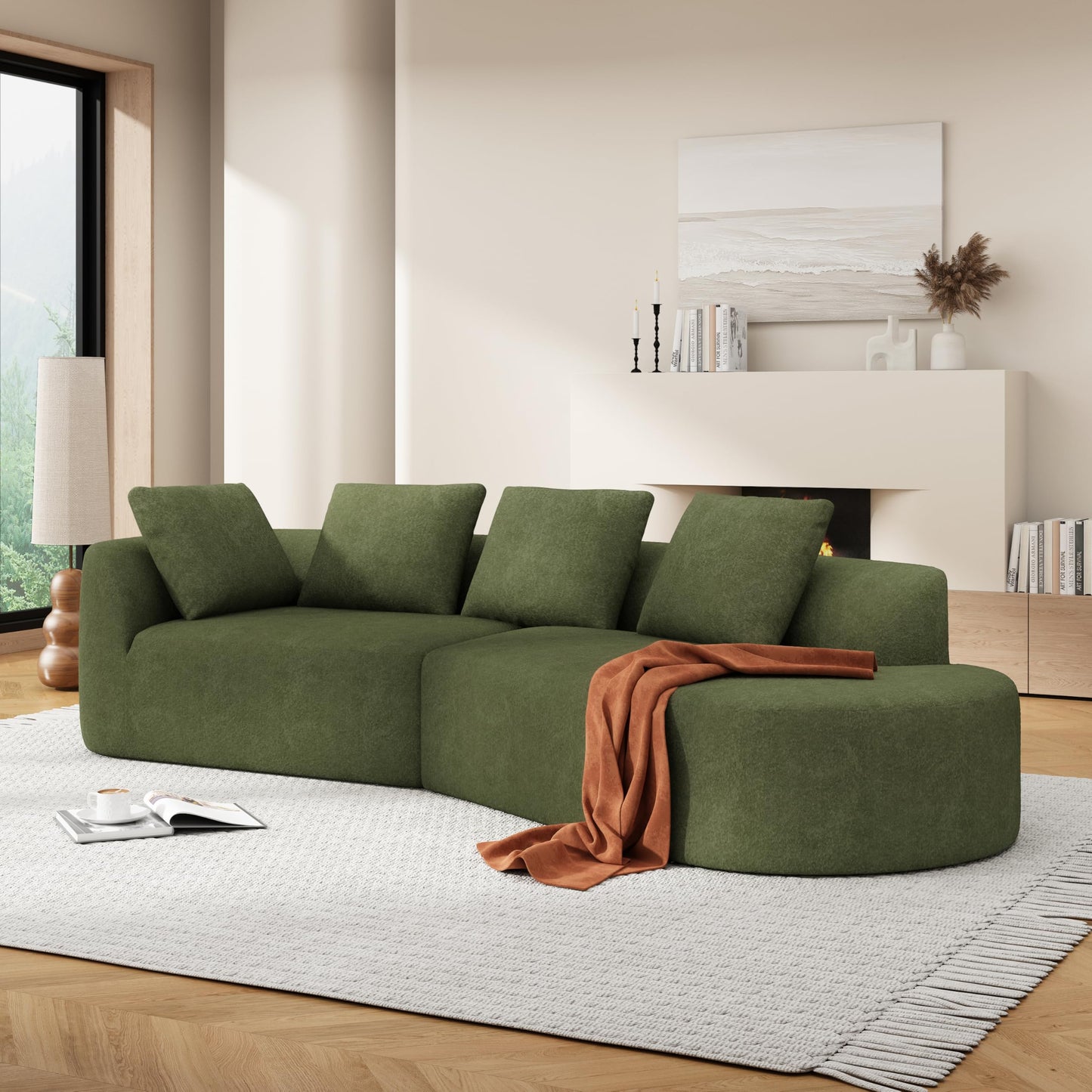 Merax 116" Curved Polyester Sectional Sofa, Modern Pearl Upholstery 3 Seat Cloud Couch with Chaise Lounge & 4 Pillows for Living Room, Green