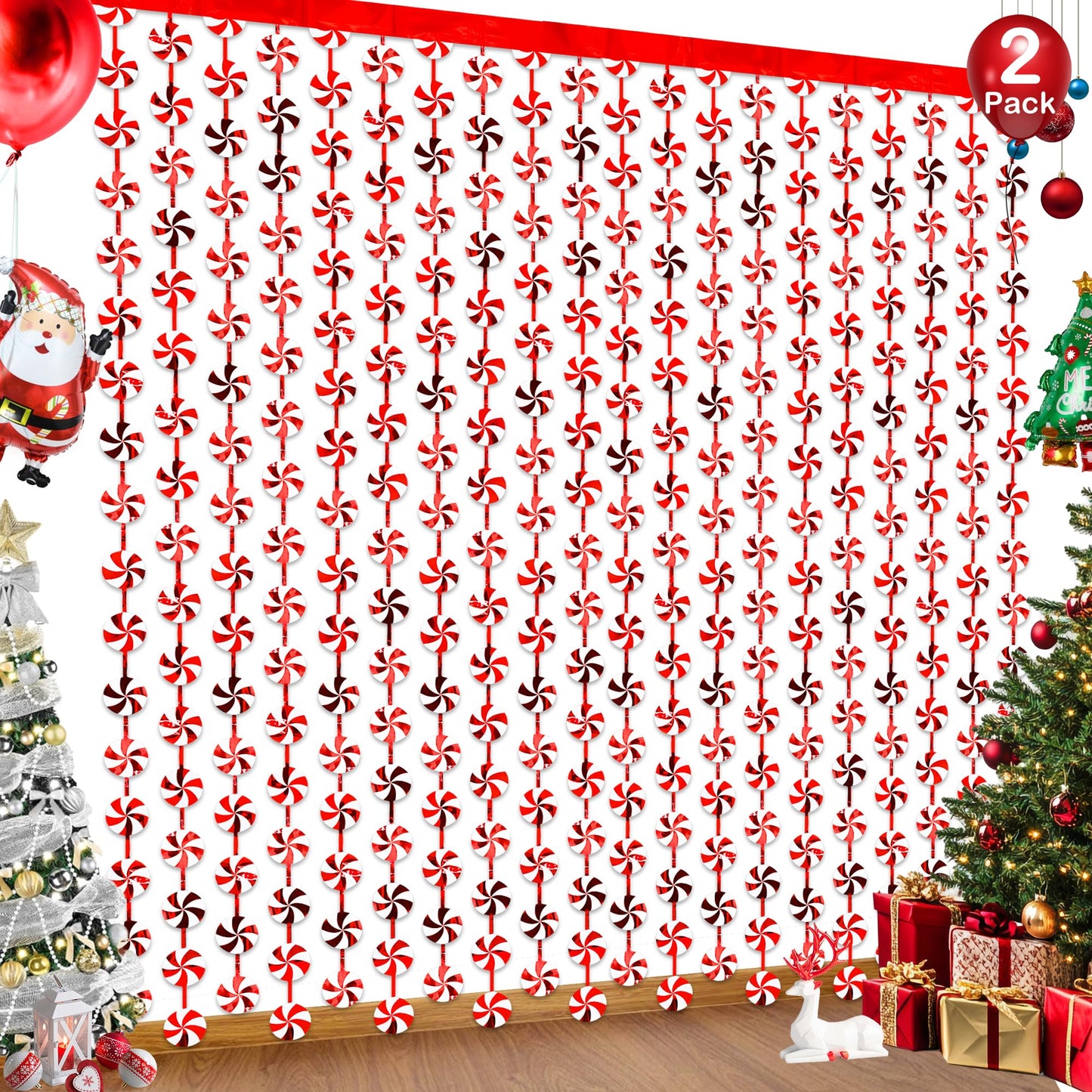 Christmas Party Decorations Candy Cane Foil Fringe Curtains, 2 Pack Red White Christmas Backdrop Photo Booth Prop Streamers for Ugly Sweater Party Xmas Decorations Indoor, 3.3x6.56Ft