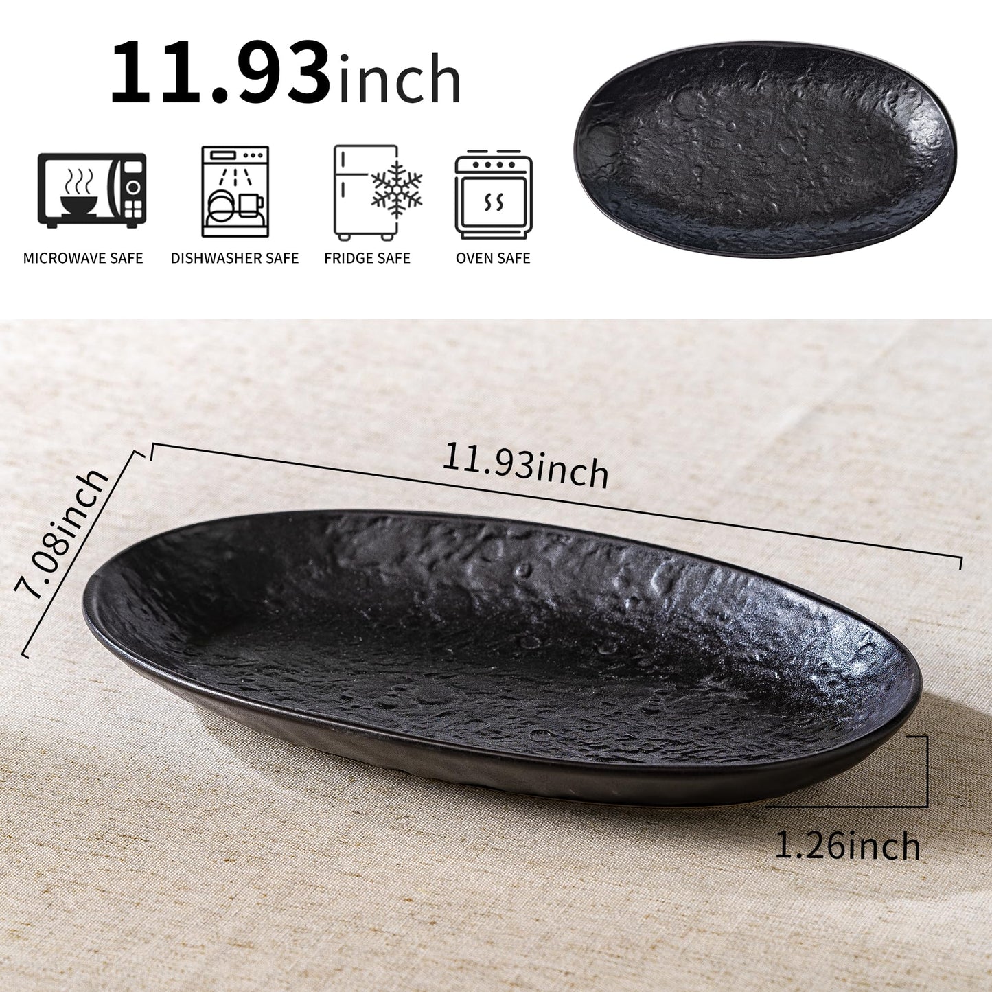 Caigmo Serving Platter Oval Plates Premium Ceramic 12-Inch Set Serving Dishes for Entertaining– Textured Matte Finish | Modern Dinnerware for Elevated Dining (2-Pack Black)
