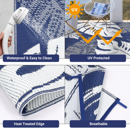 IDEALHOUSE Outdoor Rug 9x18 Ft, Waterproof Plastic Reversible Rug, Modern Leaf Pattern Plastic Camping Mat for Outdoors, RV, Patio, Backyard, Deck, Picnic, Beach, Traile(Dark Blue & White)