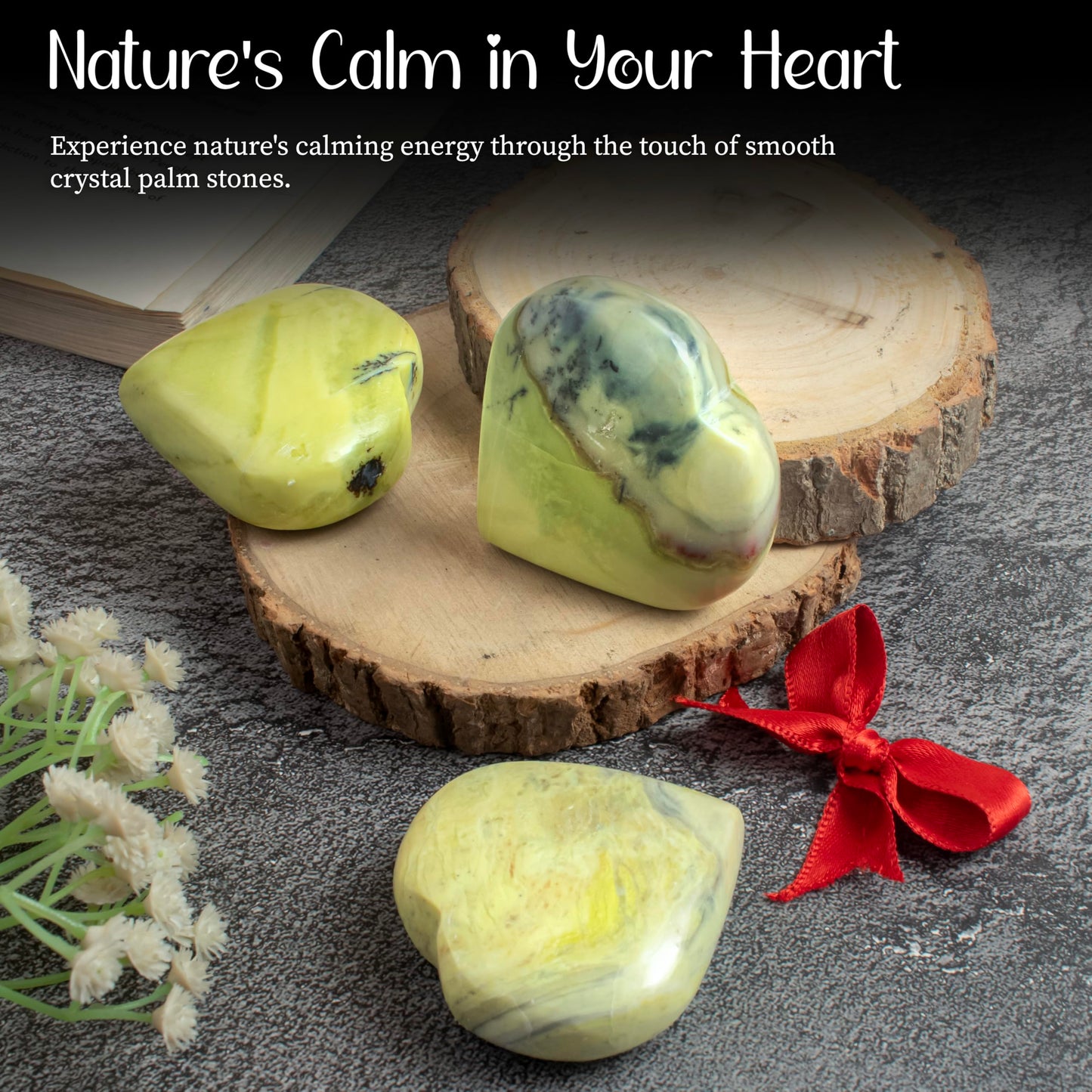 Crocon 50mm Serpentine Heart Stone Big Heart Shape Puff Stones Set 450+ Carats Pocket Crystal Healing Tumble Collection Palm Worry Stone Good Luck Charm Meditation Gift Craft Home Decor