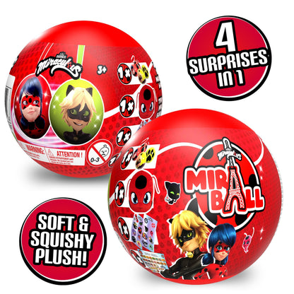 Miraculous Ladybug MiraBall, 3-in-1 Surprise, 4 Pack, Blind Box Toys for Kids - Collectable Characters from TV Shows - Metal Ball, Kwami Plush, Stickers, White Ribbon - Collect Them All