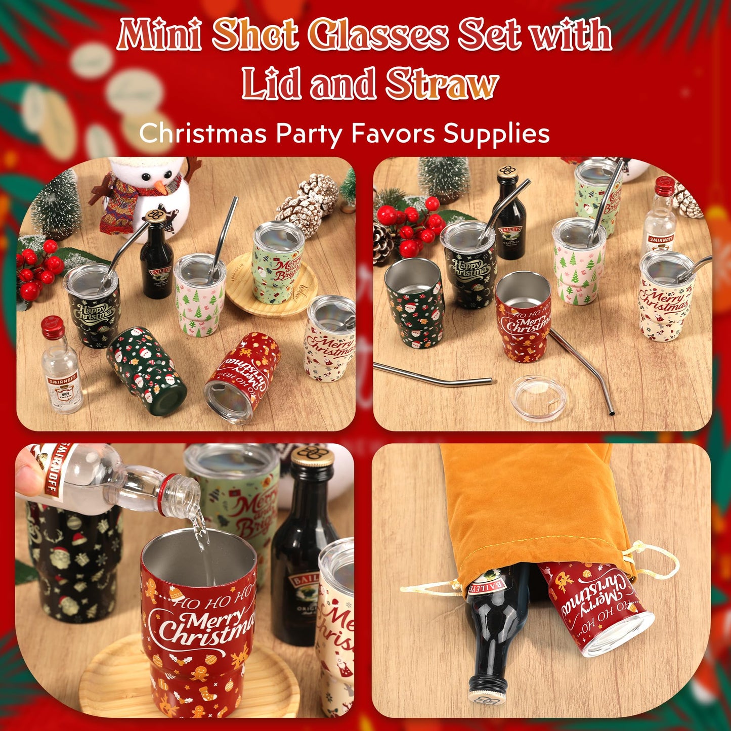 STFALI Cute Shot Glasses Set with Straw 2 oz, Mini Shot Tumblers with Lid and Straw, Kawaii Insulated Tumblers for Espresso Coffee Spirits Cute Stuff Funny Gifts (6 Pack-Christmas)